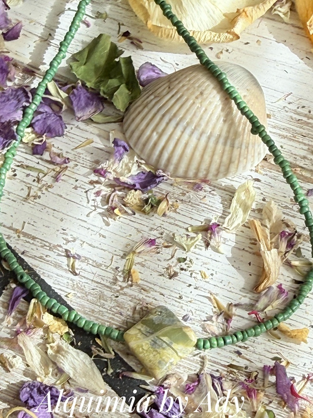 Alquimia Green Beaded Necklace with Variegated yellow turquoise Stone Focal